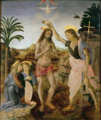 Картина Верроккьо «Хрещення Христа». Ангел в лівому нижньому куті — творіння пензля Леонардо